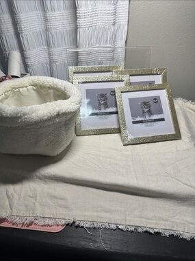 Glitter Gold 4x4 Frame Set - Home Accents and a furry storage basket NWT